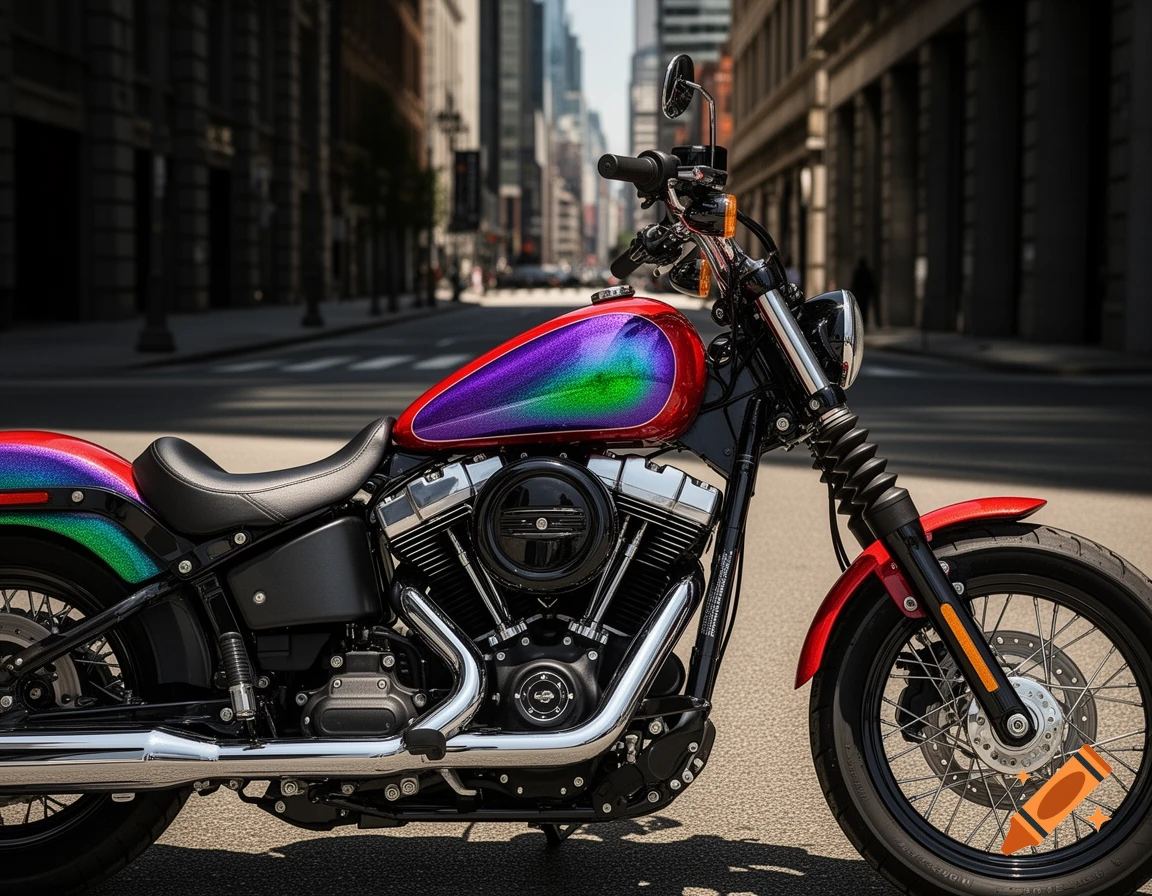 A photorealistic image of a custom motorcycle with iridescent rainbow paint on its tank and fenders, parked on a city street.