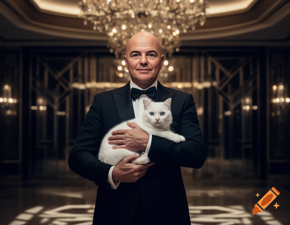 A man in a tuxedo holds a white cat in a luxurious hall under a grand chandelier, in a sophisticated style.