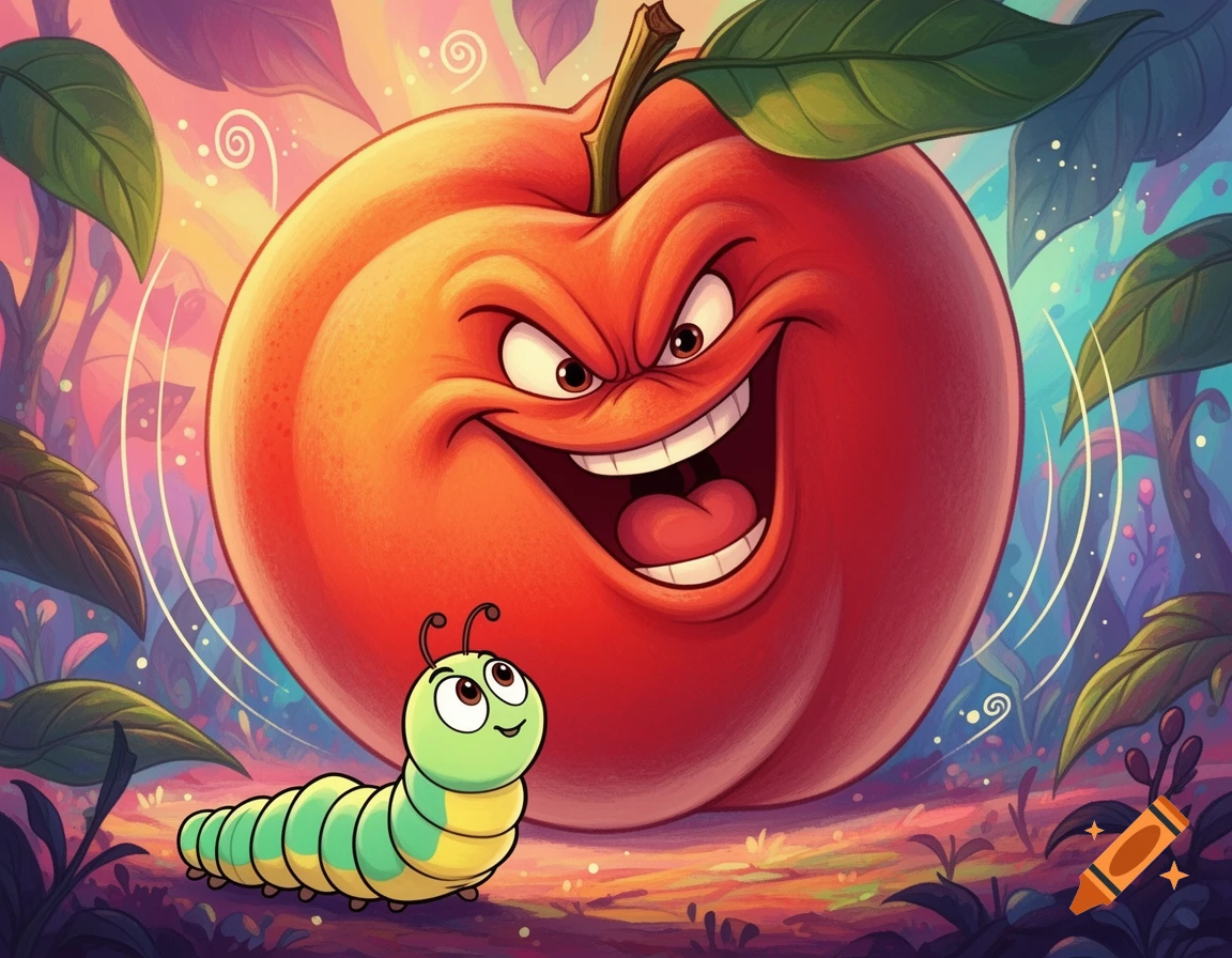 Cartoon illustration of a large, evil-laughing red peach looming over a small, cute green caterpillar in a vibrant, magical forest.