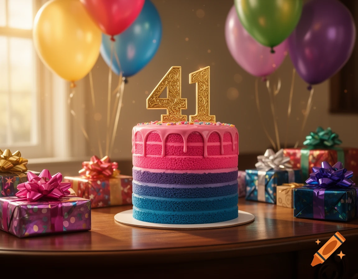 A vibrant birthday cake with number 41 topper, surrounded by colorful gifts and balloons on a wooden table.