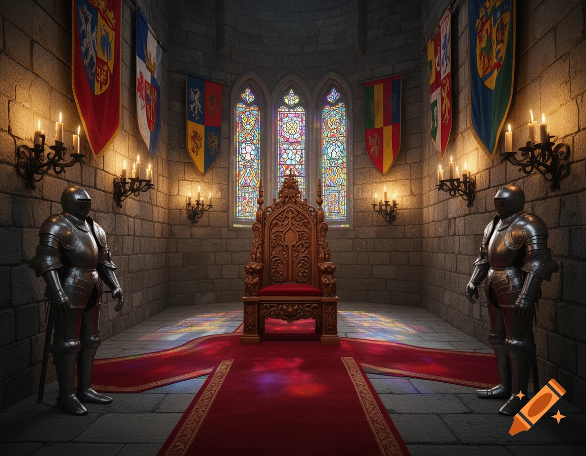 A grand, candlelit castle throne room with stained-glass windows, medieval banners, two suits of armor, and a red carpet leading to an ornate wooden throne.