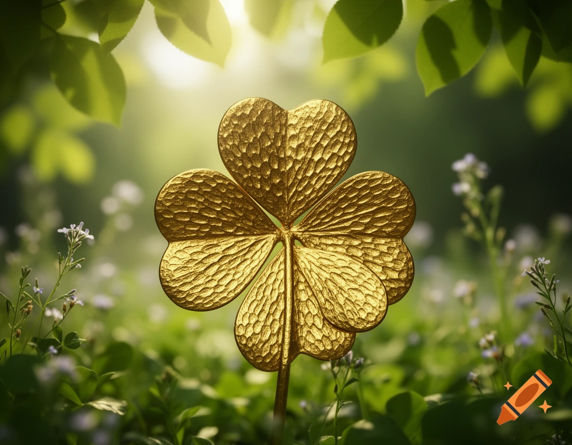 A close-up of a textured golden four-leaf clover standing in a lush green field with small white flowers under bright sunlight.