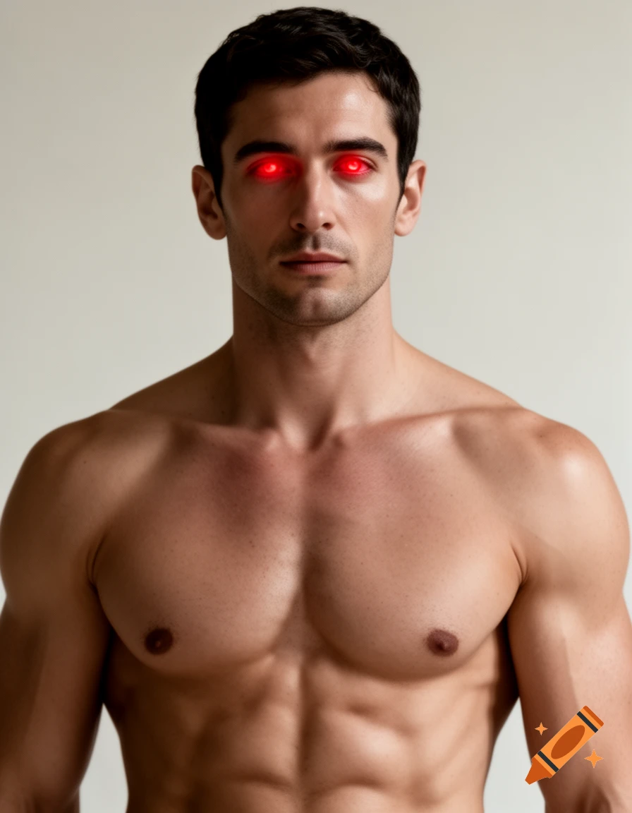 A photorealistic portrait of a shirtless, athletic man with glowing red eyes, dark hair, and a clean-shaved face, against a plain background.