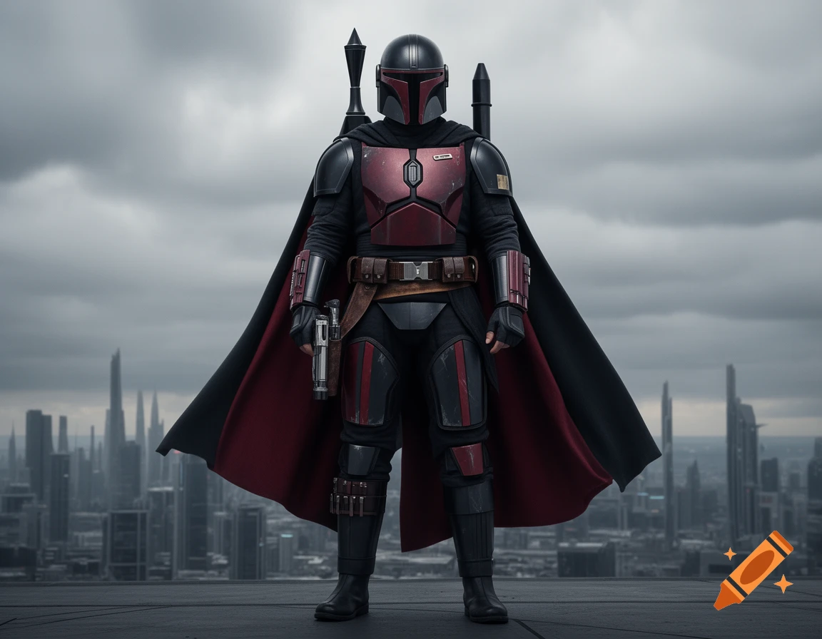 A full-body shot of a Mandalorian-like character in black and dark red armor with a cape, holding a blaster, standing on a rooftop overlooking a futuristic cityscape under a cloudy sky.