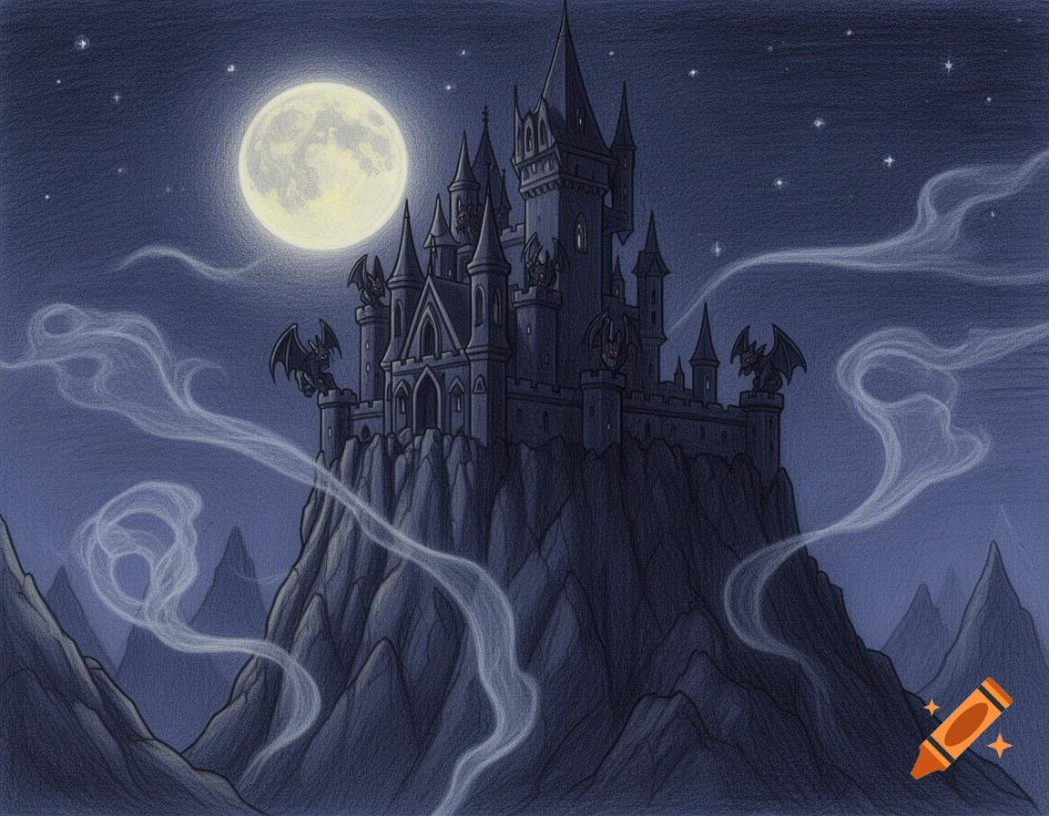 A colored pencil drawing of a spooky gothic castle perched on a steep cliff under a glowing full moon and starry night sky, with wisps of mist.