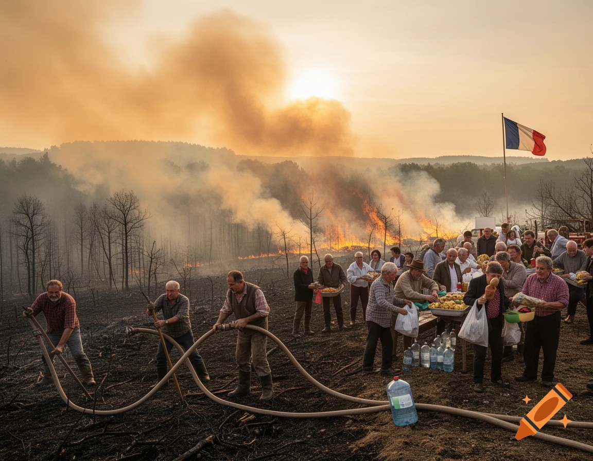 A community gathers on a scorched landscape with a wildfire burning in the background, as some battle the blaze with hoses while others distribute food and water beneath a French flag at sunset.