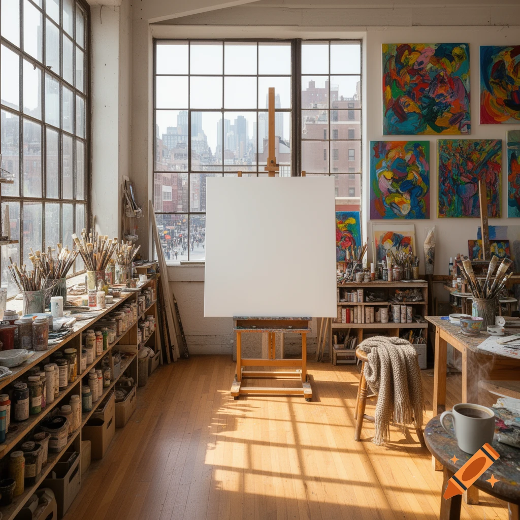 Bright artist's studio with large windows overlooking a city, an easel with an empty canvas, shelves of art supplies, and colorful abstract paintings.