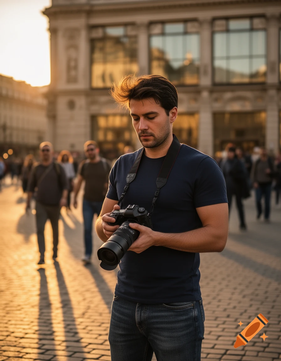 A man with a professional camera looks down at it on a sunny city street with blurred people and buildings in the background.