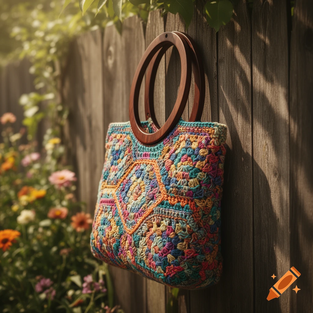 A colorful, unique crochet tote bag with wooden handles hangs on a rustic wooden fence, bathed in sunlight, with blurred flowers in the background.
