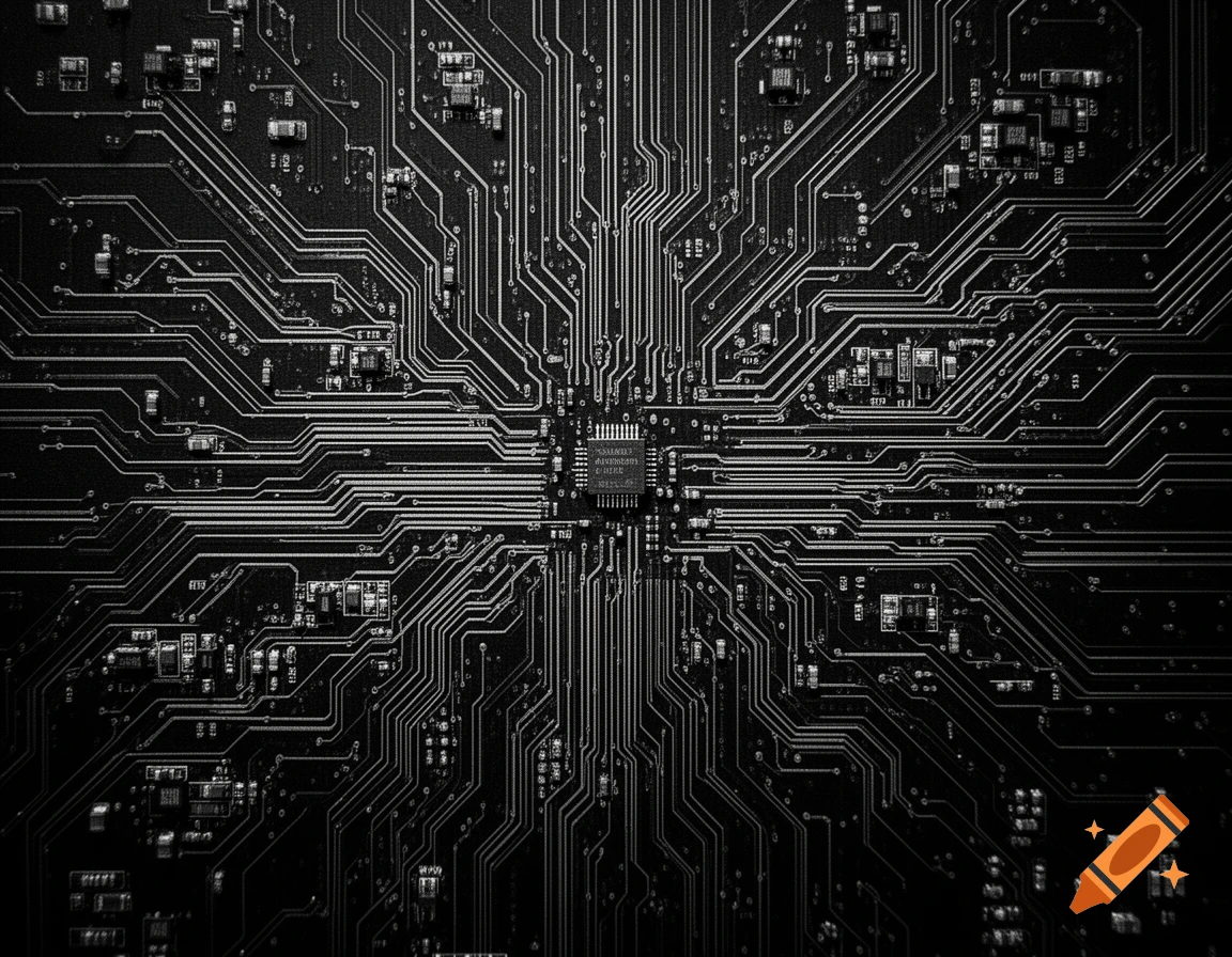 Monochrome close-up of a complex circuit board with intricate patterns leading to a central processing unit.