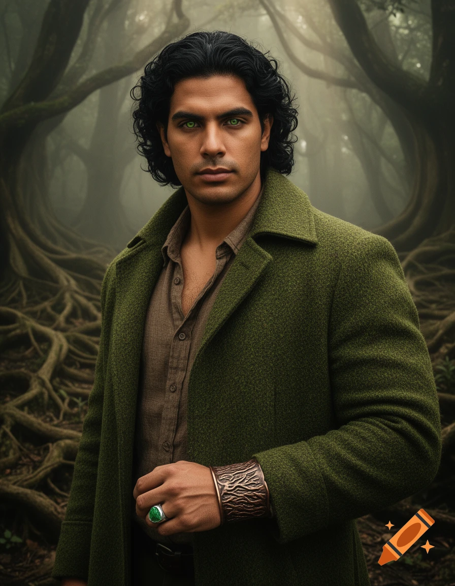 Photorealistic portrait of a dark-haired man with green eyes in a moss-green coat and bronze cuff, standing in a misty forest with large roots.