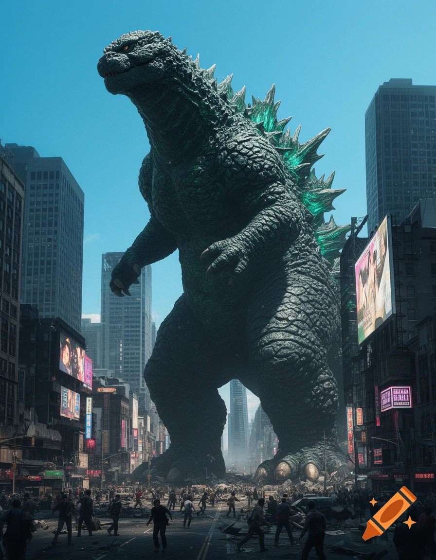 A giant green Godzilla stomps through a city street, towering over fleeing people and damaged buildings under a clear blue sky.