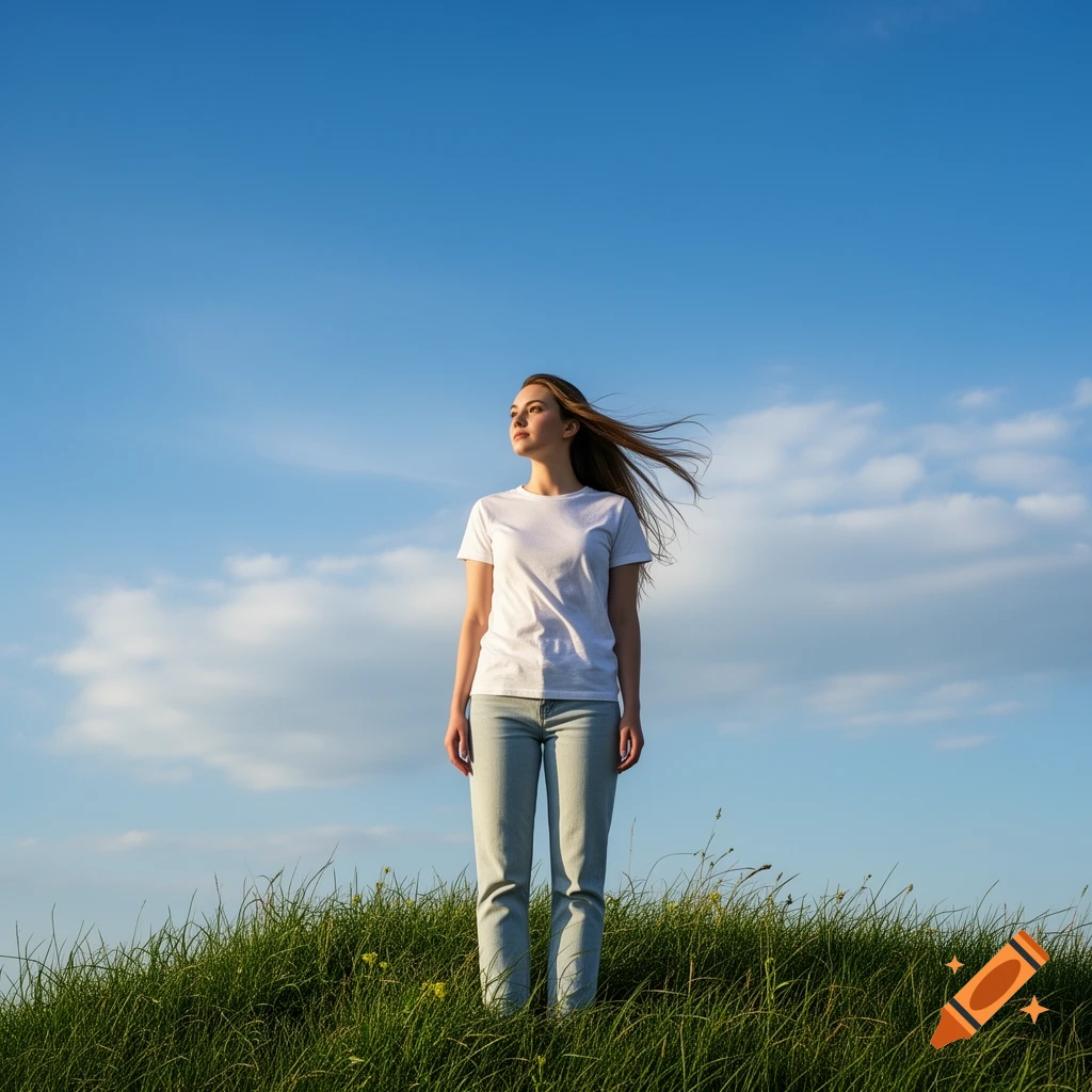 Young woman in a white t-shirt and jeans stands on a grassy hill, looking up at a blue sky, her hair blowing.