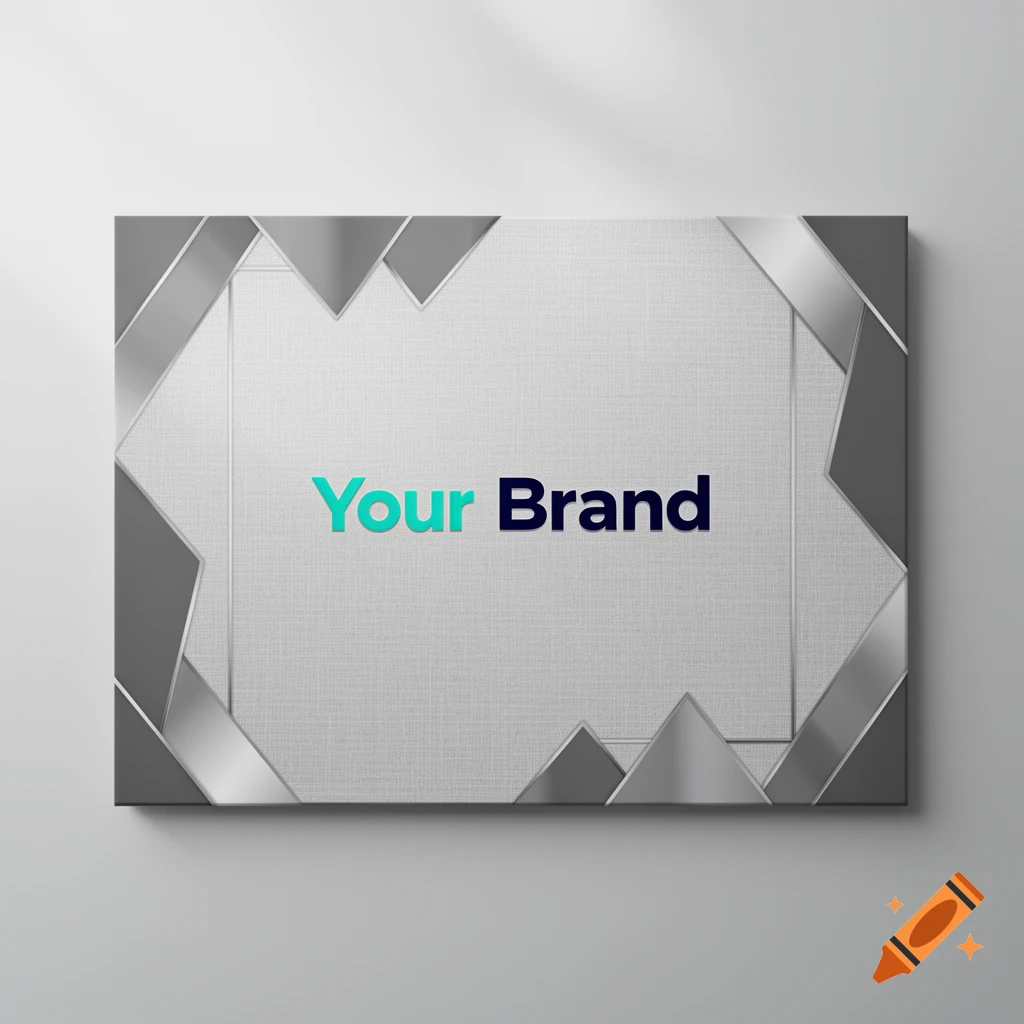 A sleek gray branding template with "Your Brand" written in the center, set against a white wall with soft shadows.