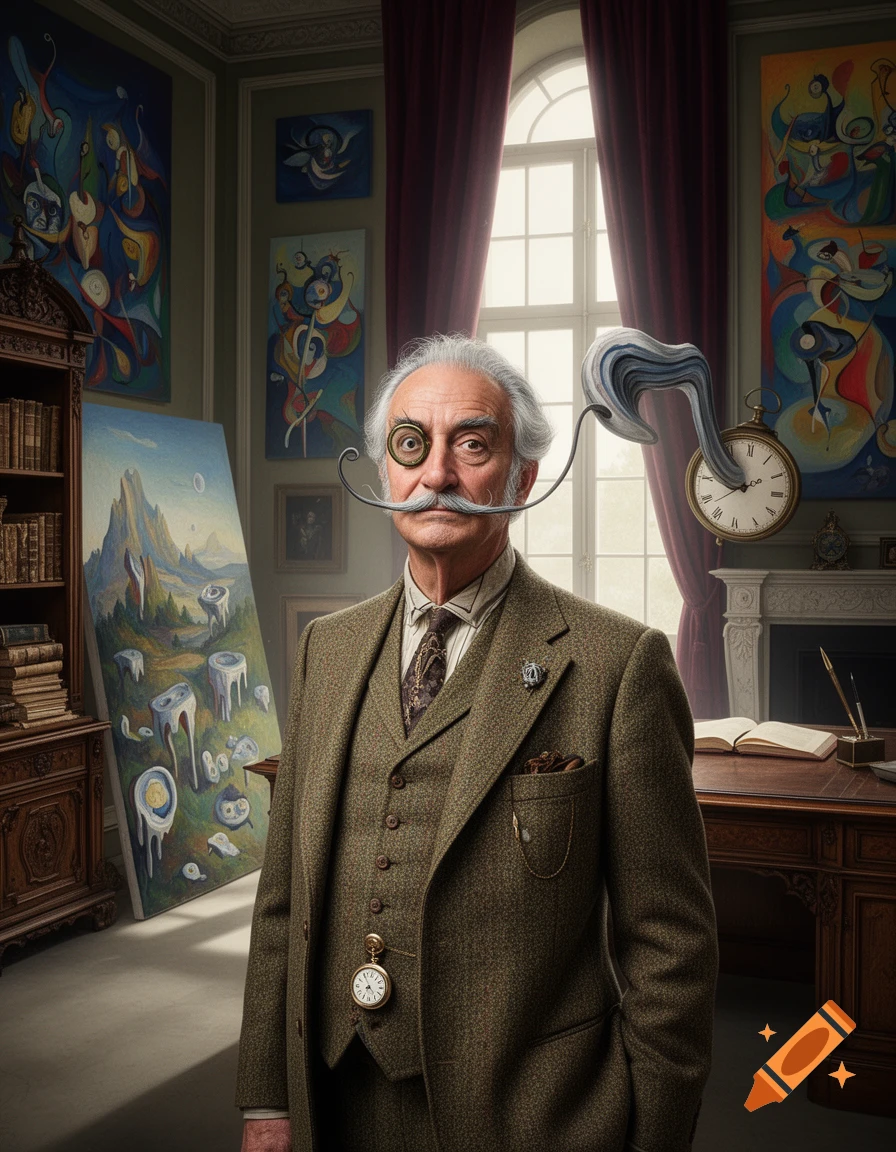 A white-haired man with a long, curly mustache and monocle wears a tweed suit in a surreal art studio. A melting clock floats near his head.