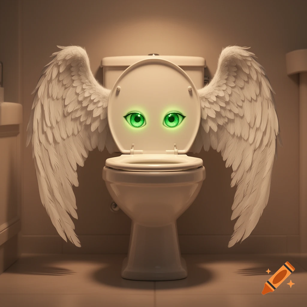A white toilet with large feathered angel wings and glowing green eyes, in a dimly lit bathroom.