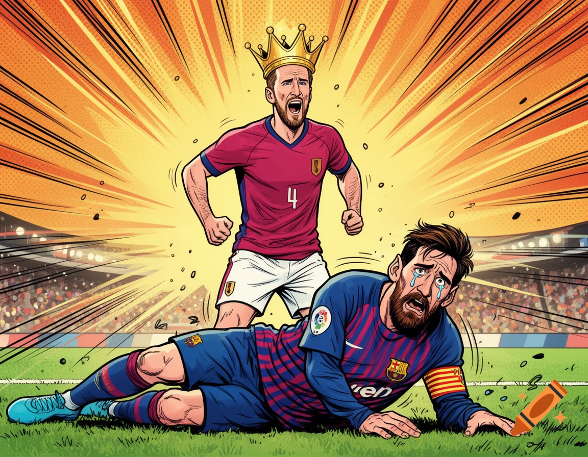 Comic-style illustration of a triumphant Harry Kane in a crown standing over a crying Lionel Messi on a soccer field, with dramatic action lines.