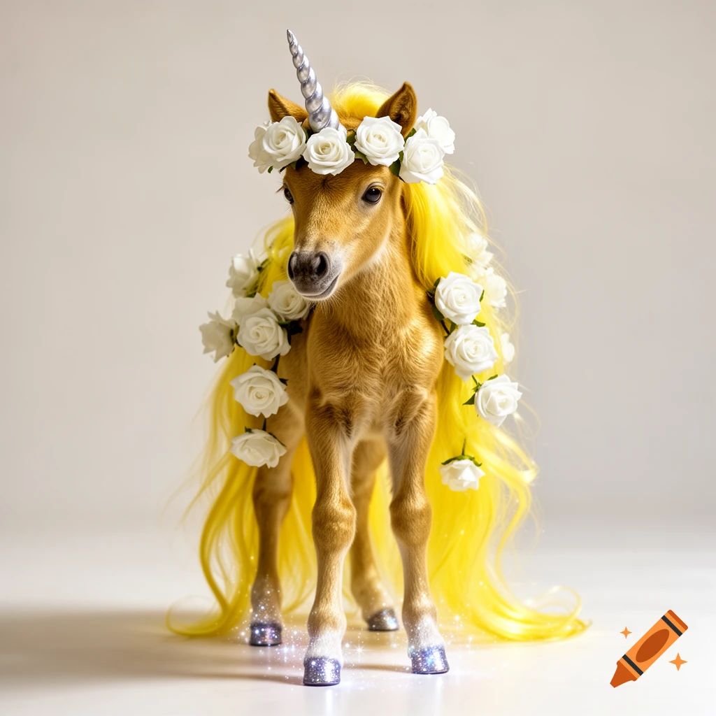 Photorealistic unicorn foal with golden fur, bright yellow mane and tail, white roses, silver horn, and sparkling hooves.