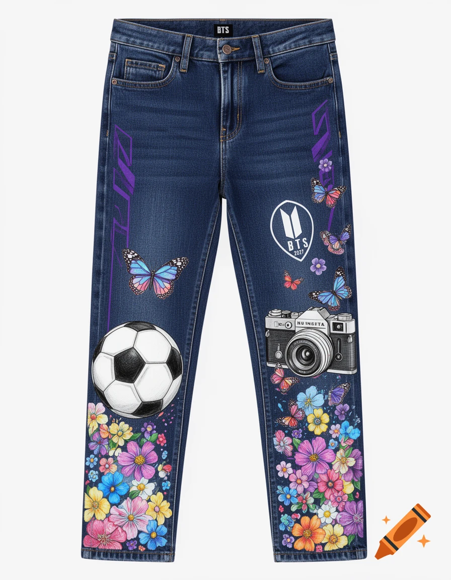 Blue denim jeans with colorful floral patterns, butterflies, a soccer ball, and a camera illustration. BTS logo visible.