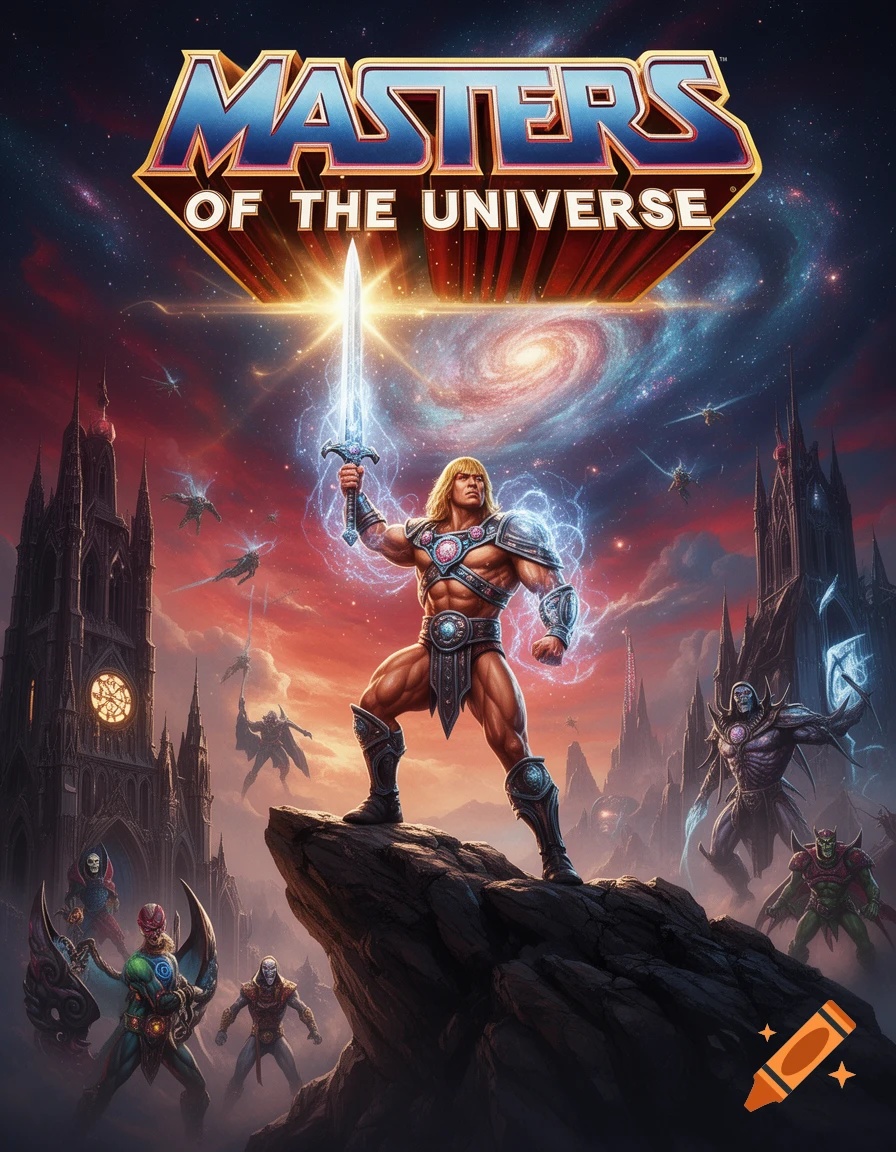 He-Man, sword raised amidst glowing energy, stands on a rock before dark castles and a cosmic sky, surrounded by villains in a heroic fantasy movie poster style.