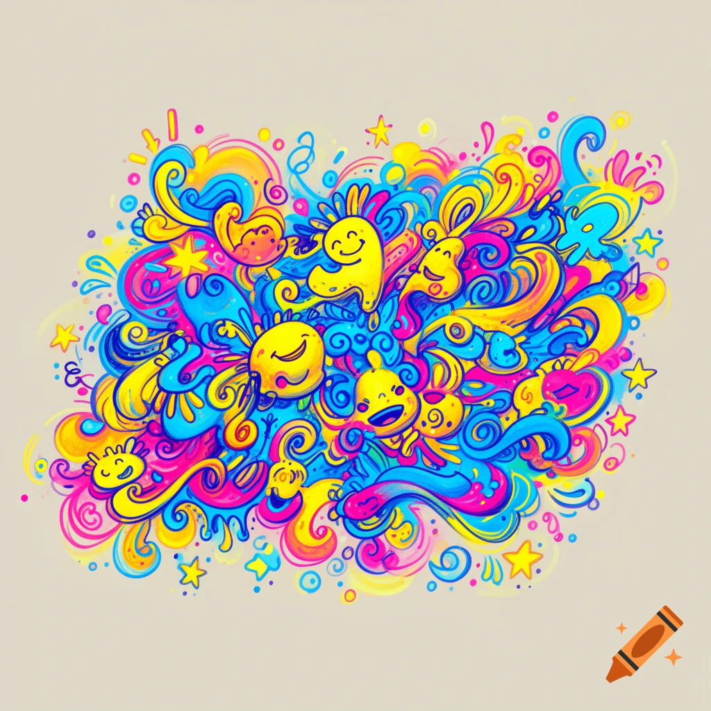 A vibrant, colorful doodle art illustration featuring swirling lines, stars, and smiling cartoon faces against a light background.