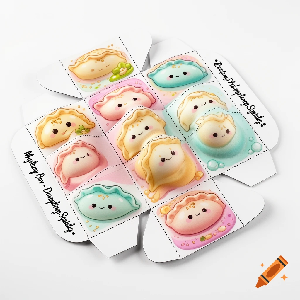 White template for a mystery box, featuring cute pastel cartoon dumplings with smiling faces. Text reads 'Mystery Box - Dumplings Squishy'.