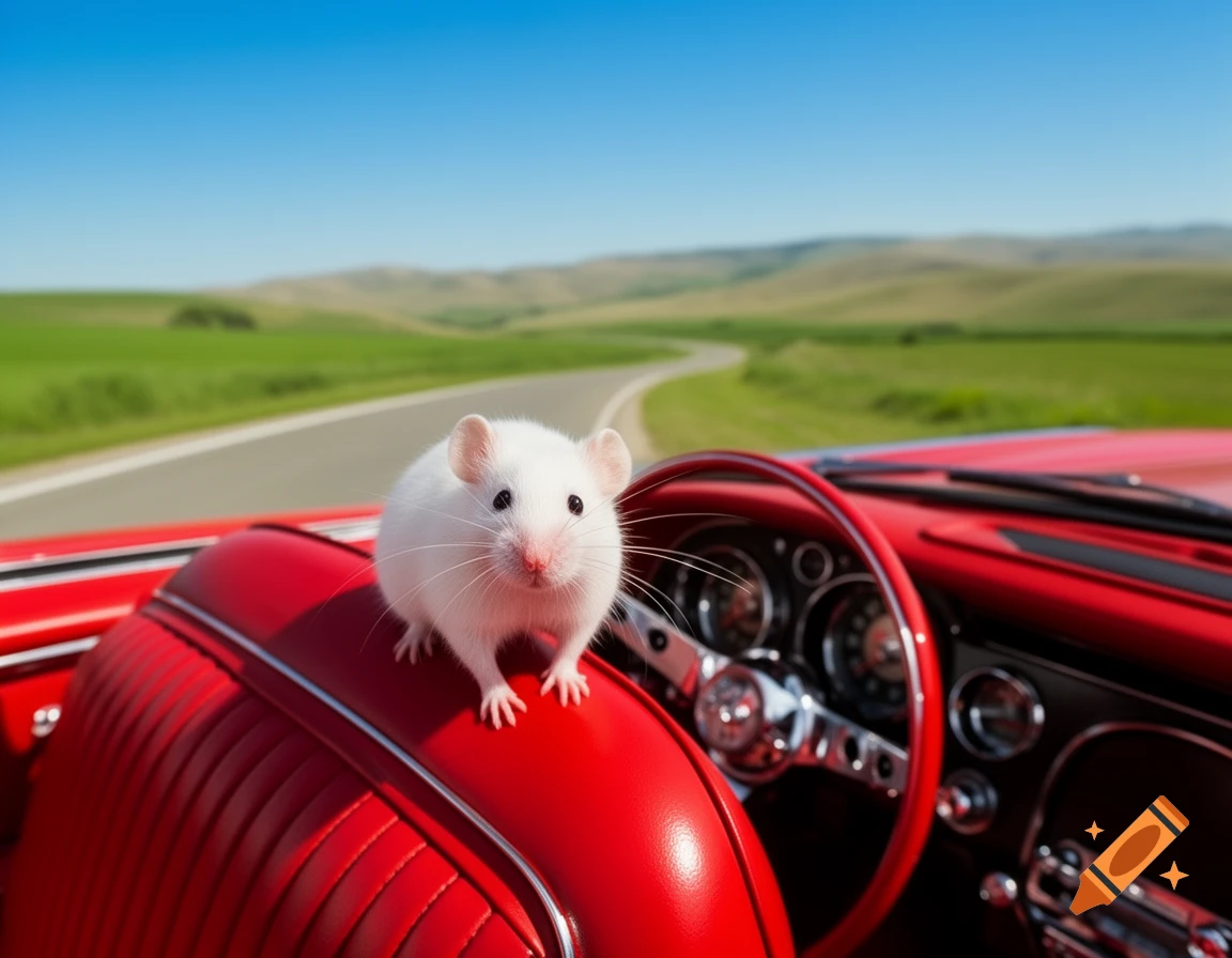 A small white mouse sits on the red leather seat of a convertible car, with a winding road and green hills in the background.