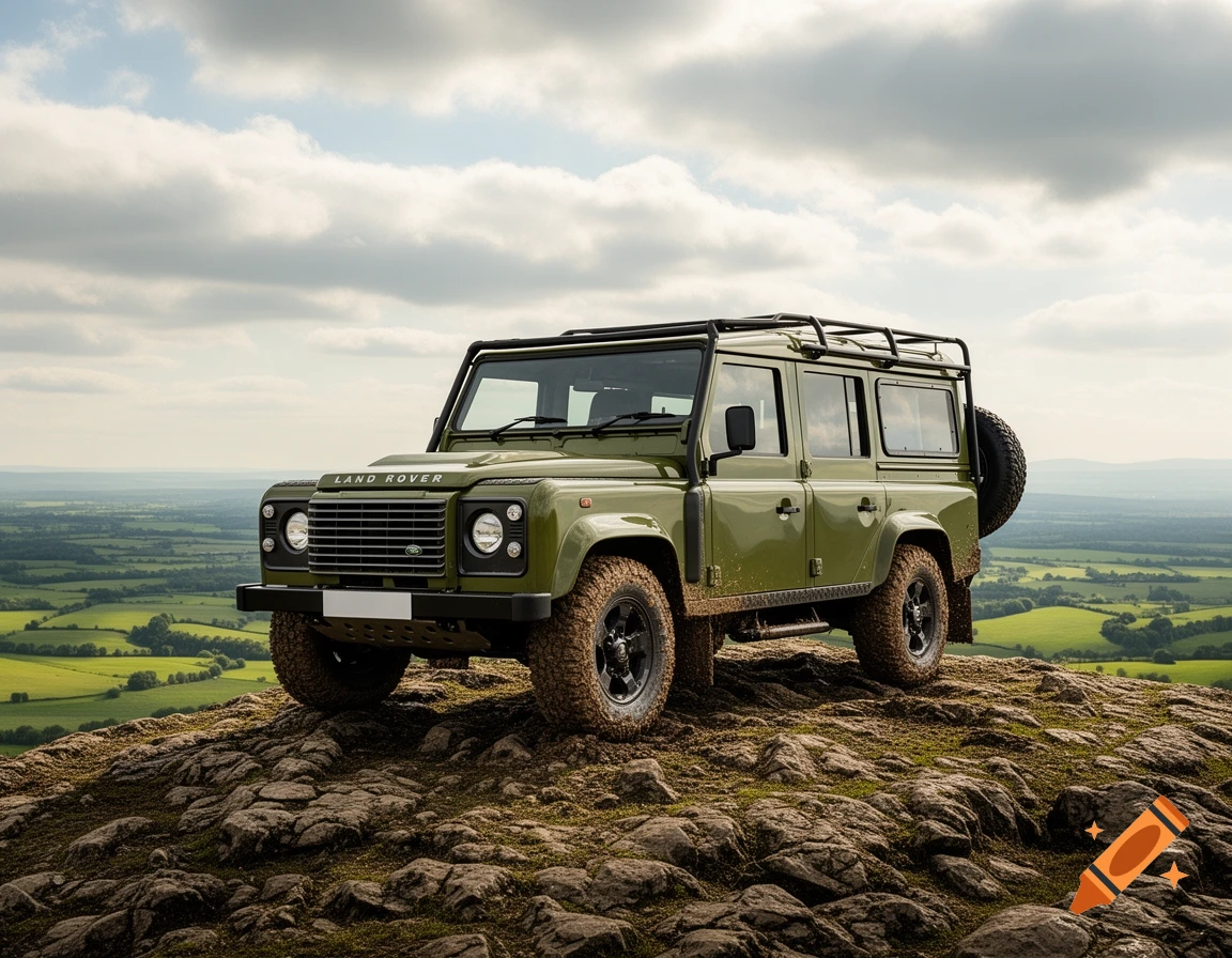 A green Land Rover Defender parked on a rocky hilltop, overlooking a vast green landscape under a cloudy sky.