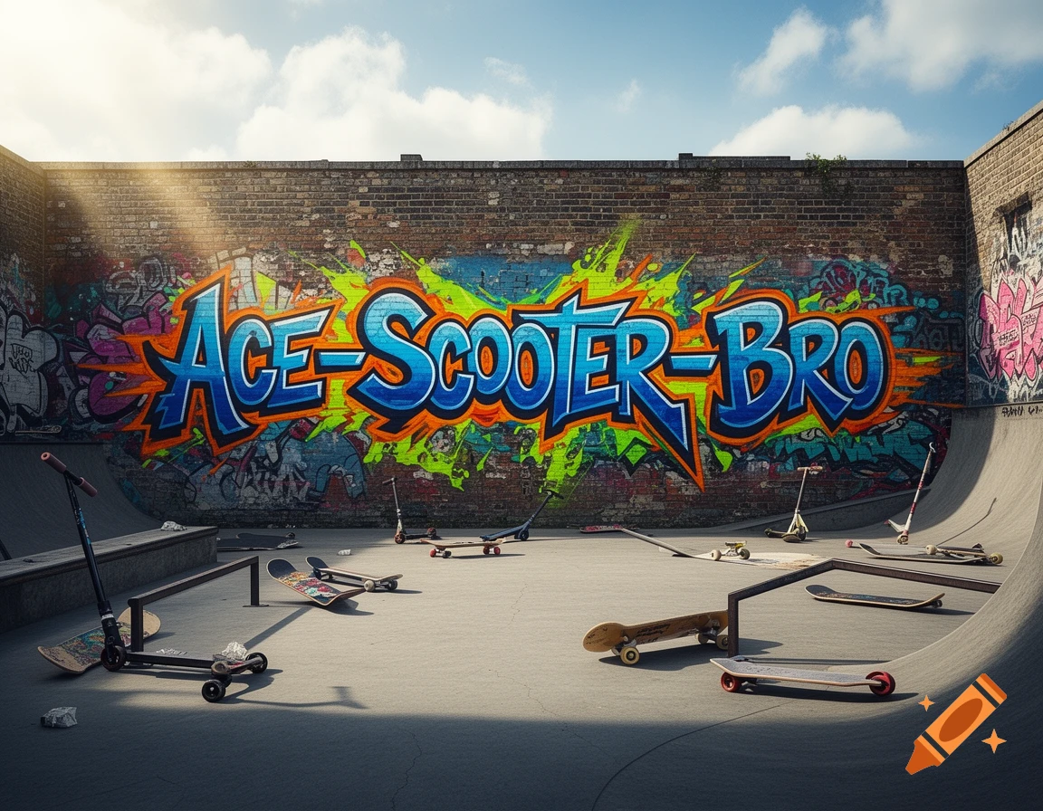 A sunny outdoor skate park with a large 'ACE-SCOOTER-BRO' graffiti mural on a brick wall, with skateboards and scooters on the ground.
