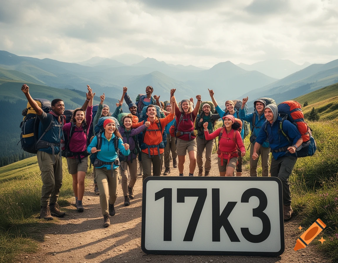 A diverse group of joyful hikers with backpacks on a mountain trail, celebrating with a '17K3' sign in the foreground.
