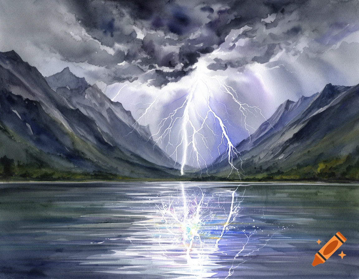 Watercolor painting of a dramatic lightning bolt striking a tranquil mountain lake under a stormy sky.