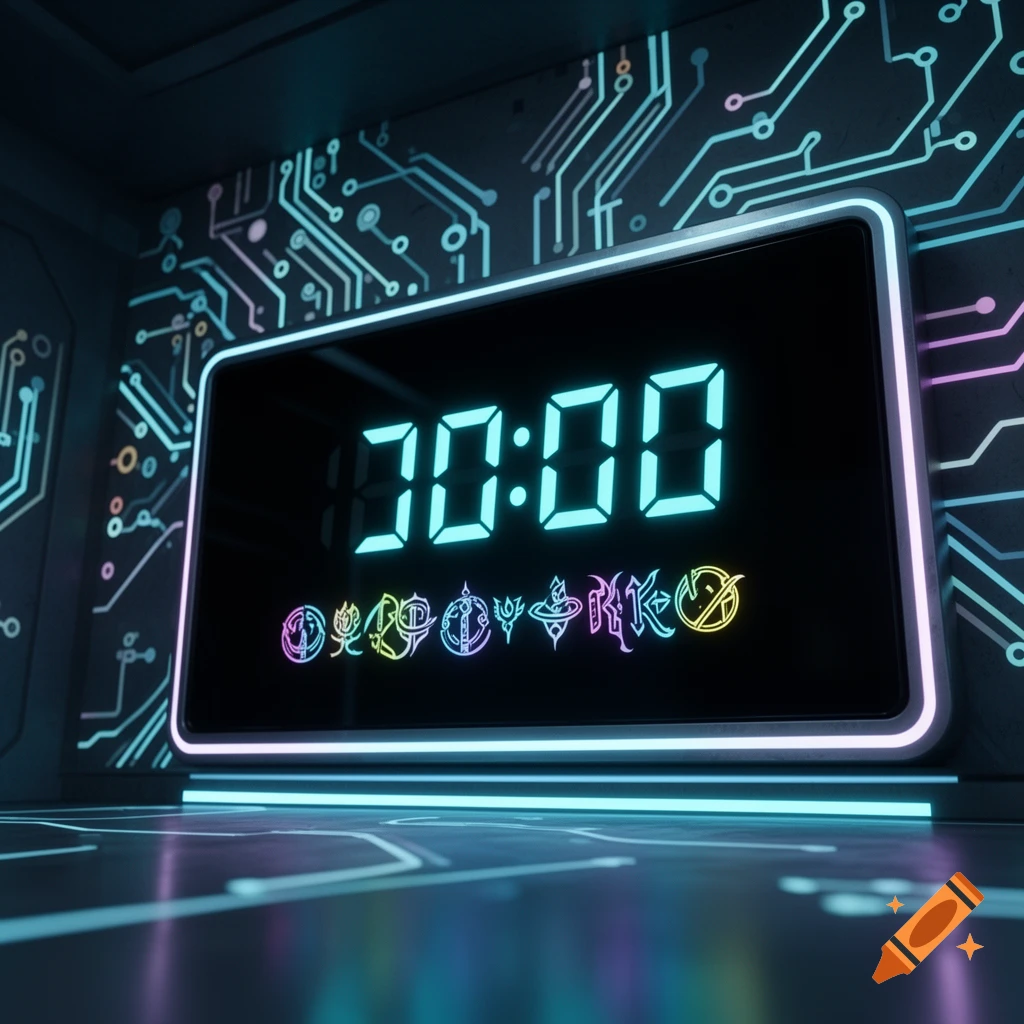 A futuristic digital timer displaying "00:00" with stylized colorful symbols below, set in a dark room with glowing circuit board patterns on the walls and floor.