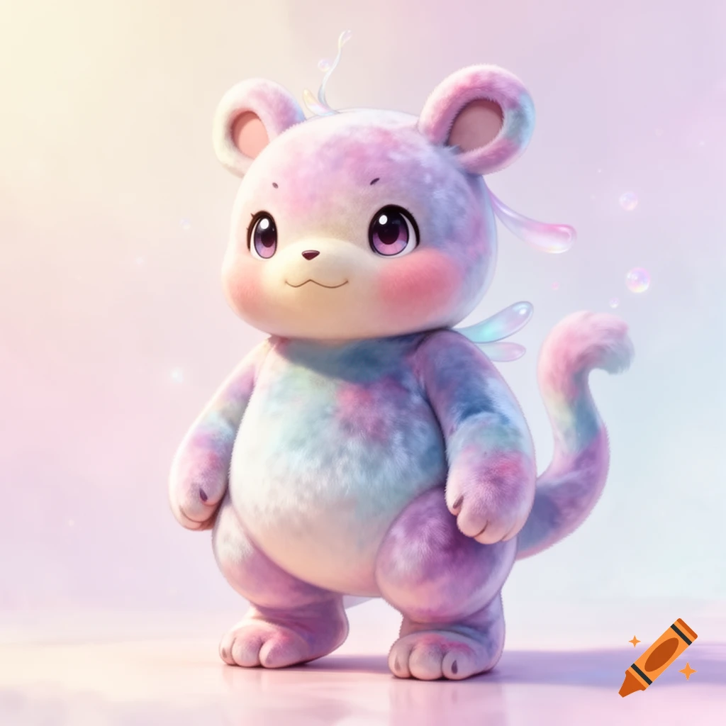 A chubby, fluffy, pastel-colored creature resembling a blend of a Pokemon and Care Bear, with large eyes and small wings, standing on a light background.