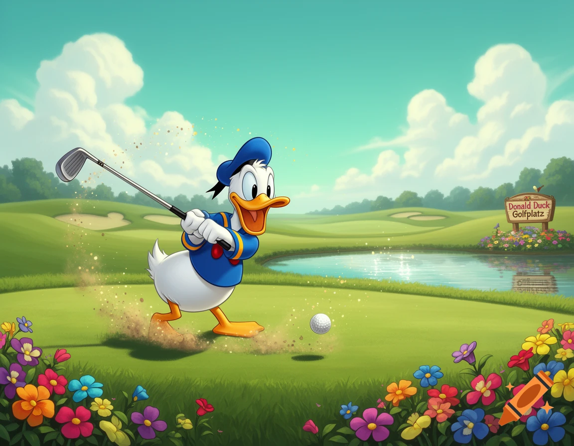 Donald Duck swings a golf club on a green golf course with a pond and colorful flowers, in a cartoon style.