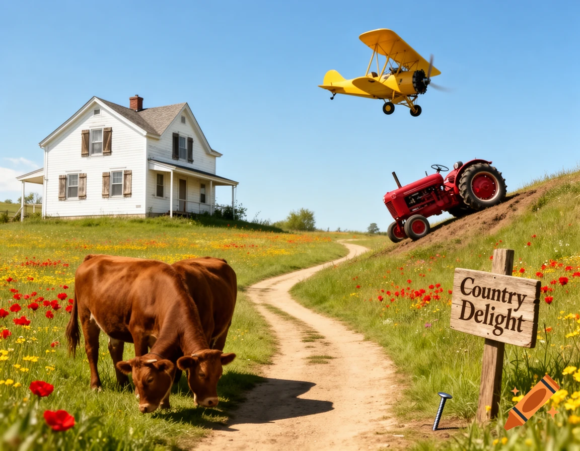 A rural landscape with a white house, two-headed cow, red tractor on a steep hill, biplane, and a 'Country Delight' sign with a screw on the ground.