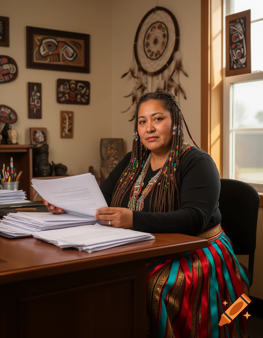 A woman with beaded braids and a colorful skirt sits at a desk, holding papers, in an office with cultural decor.