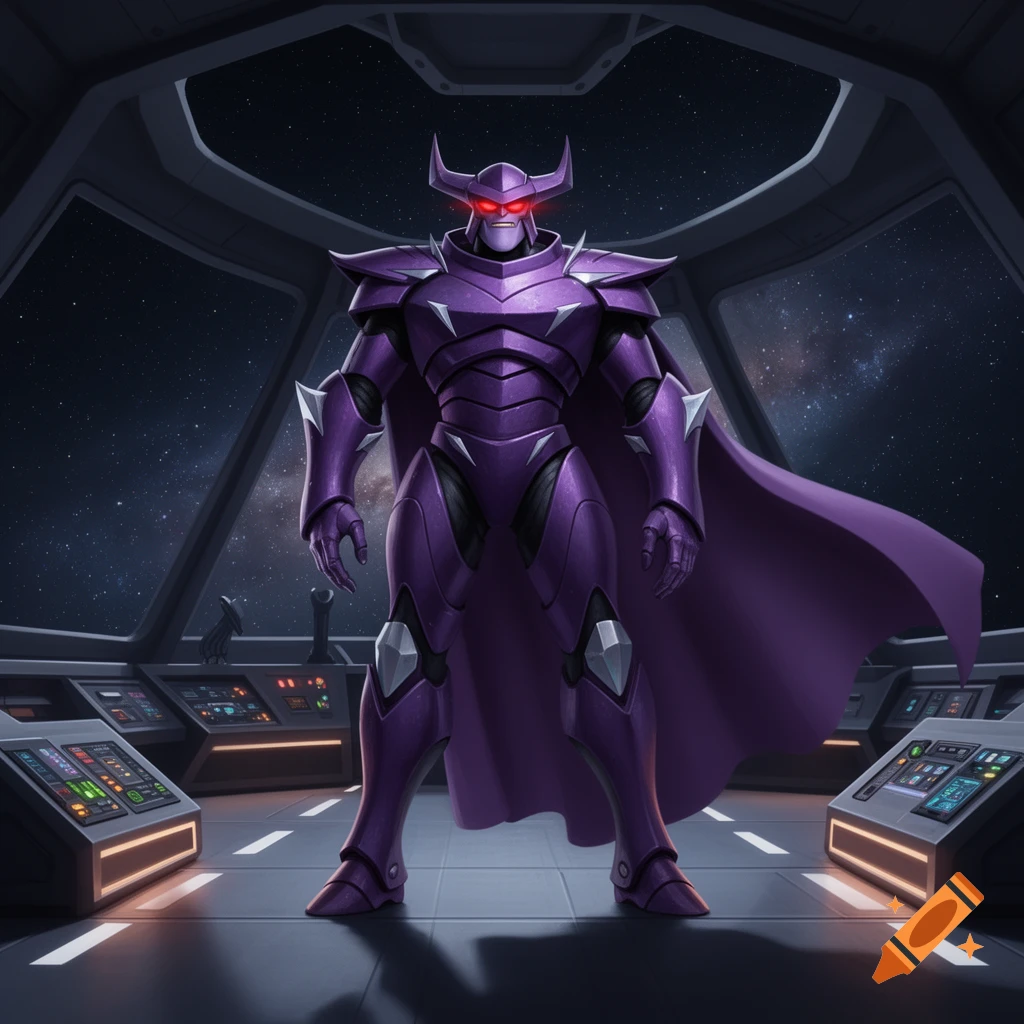 Emperor Zurg, a purple armored villain with a cape, stands in a spaceship cockpit overlooking space.