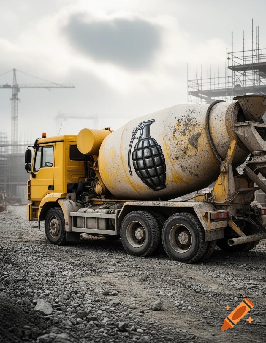 Photorealistic image of a yellow concrete mixer truck with a stylized grenade painted on its dirty drum, parked at a construction site with cranes and scaffolding.