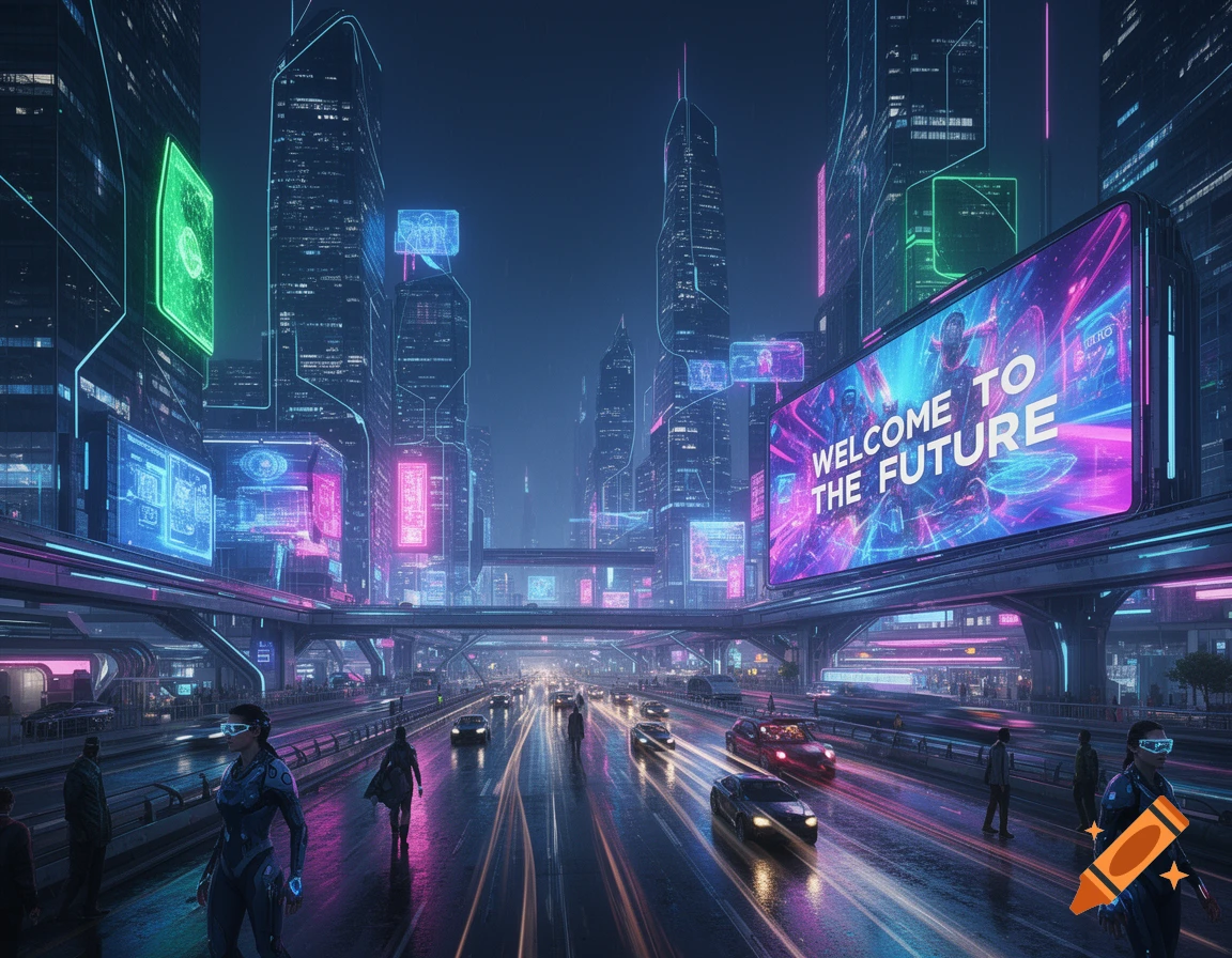 A vibrant, neon-lit futuristic cityscape at night with skyscrapers and a large billboard displaying 'WELCOME TO THE FUTURE' over a highway.