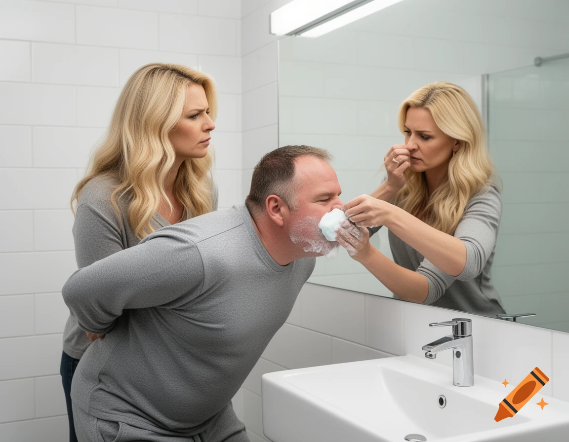 A woman scrubs a man's face with soap over a bathroom sink while her reflection pinches its nose in disgust.