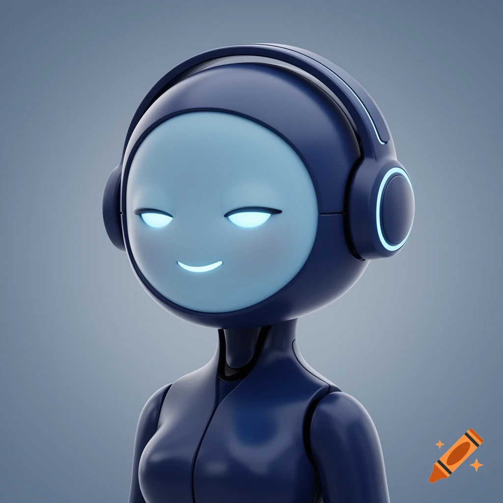 A digitally animated, cute, humanized robot with a navy blue body, soft round blue glowing face, sleepy glowing pale blue eyes, soft smile, and navy blue headphones.