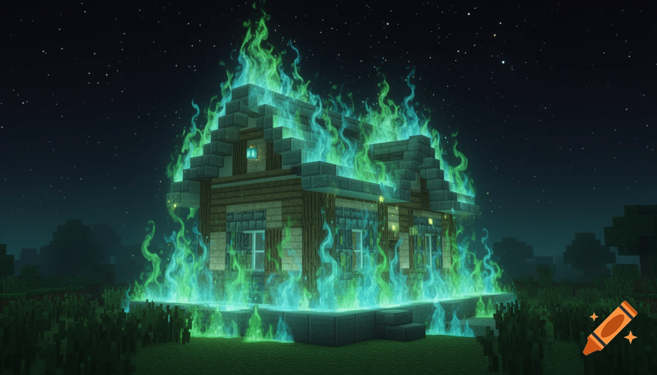 A Minecraft-style house engulfed in glowing green and blue flames at night, under a starry sky.