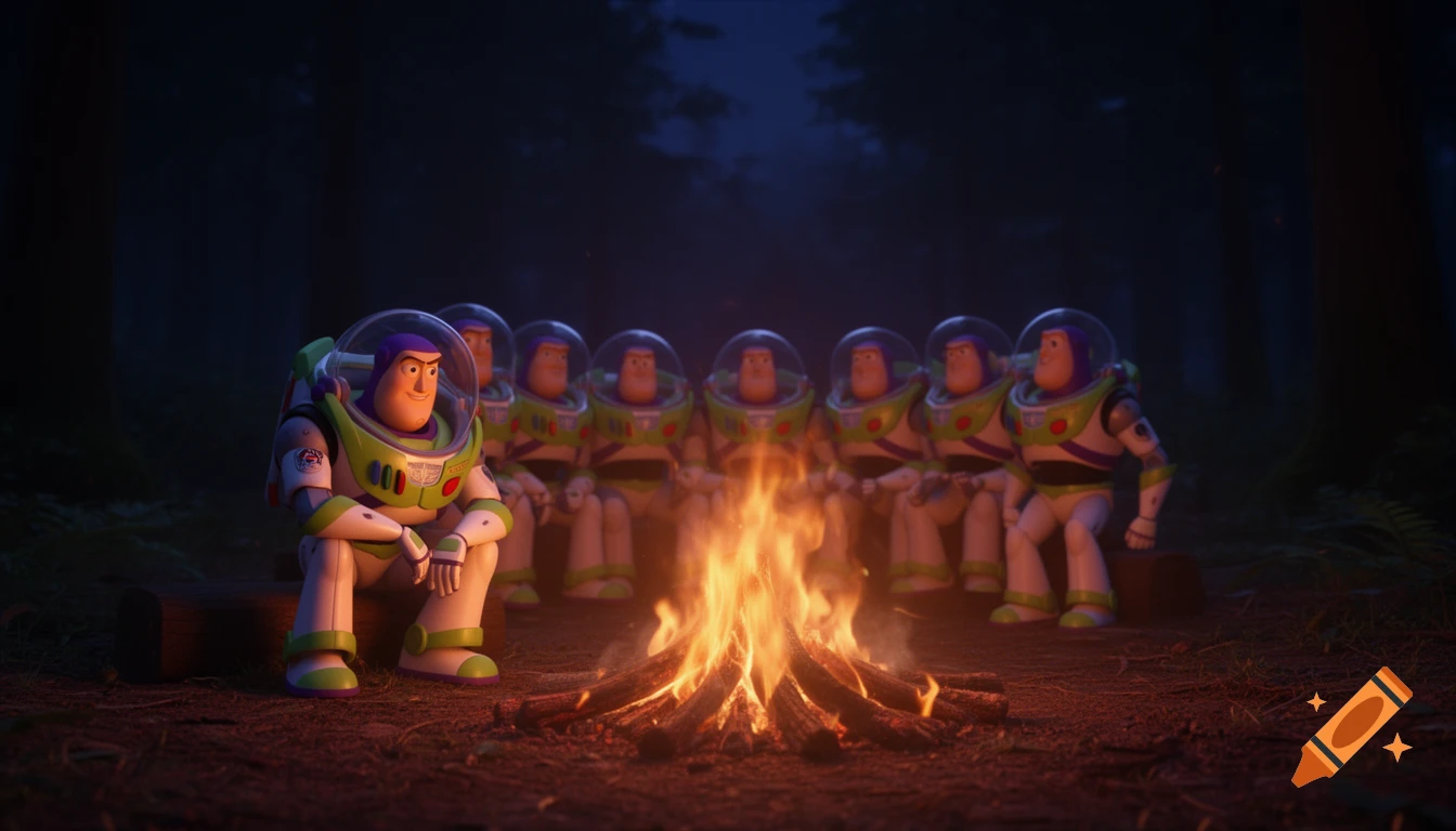 Multiple animated Buzz Lightyear characters sit around a glowing campfire in a dark forest at night, casting warm light.