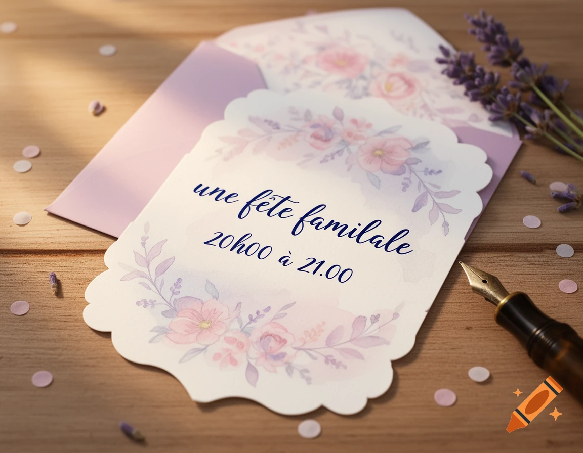 Close-up of a floral invitation card on a wooden surface, with a lavender envelope and a fountain pen. The card reads 'une fete familiale 20h00 a 21.00' in blue script.
