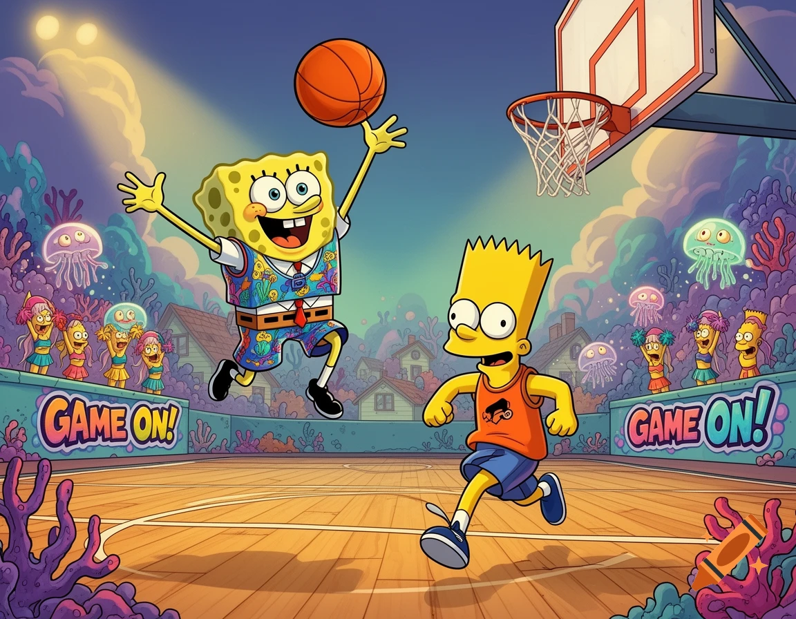 Spongebob Squarepants and Bart Simpson play basketball on a vibrant court, cheered on by cartoon crowds and floating jellyfish in an animated style.