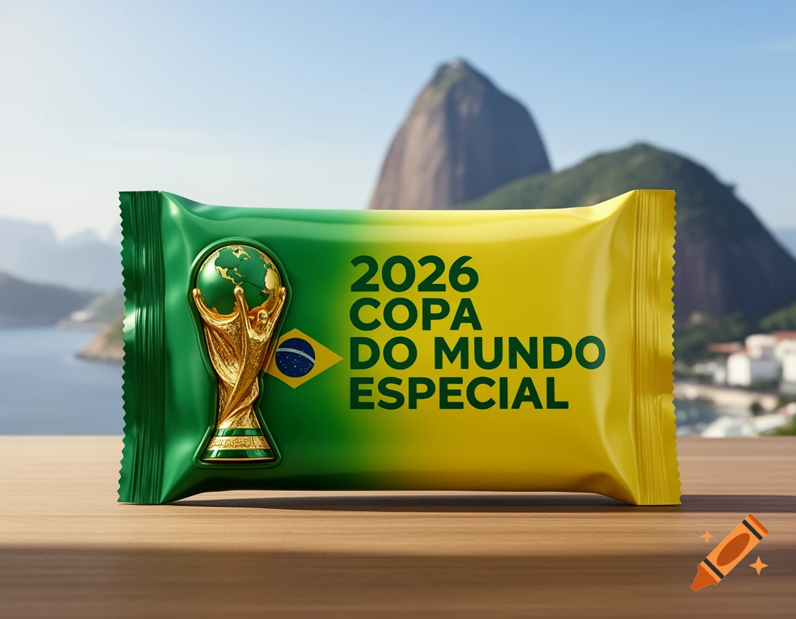 A green and yellow package with a World Cup trophy, Brazilian flag, and text '2026 COPA DO MUNDO ESPECIAL' against Rio's Sugarloaf Mountain.