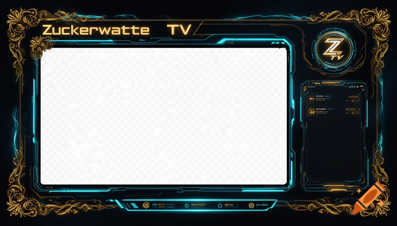 A futuristic sci-fi stream overlay with a transparent screen area, golden ornate and cyan neon accents, featuring 'Zuckerwatte TV' title, 'Z TV' logo, and a side panel with HUD elements.