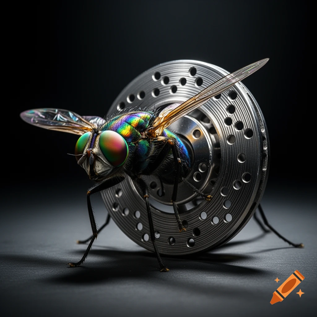 A detailed, surrealistic macro photo of a fly with a metallic brake disc body and iridescent rainbow eyes, dramatically lit.