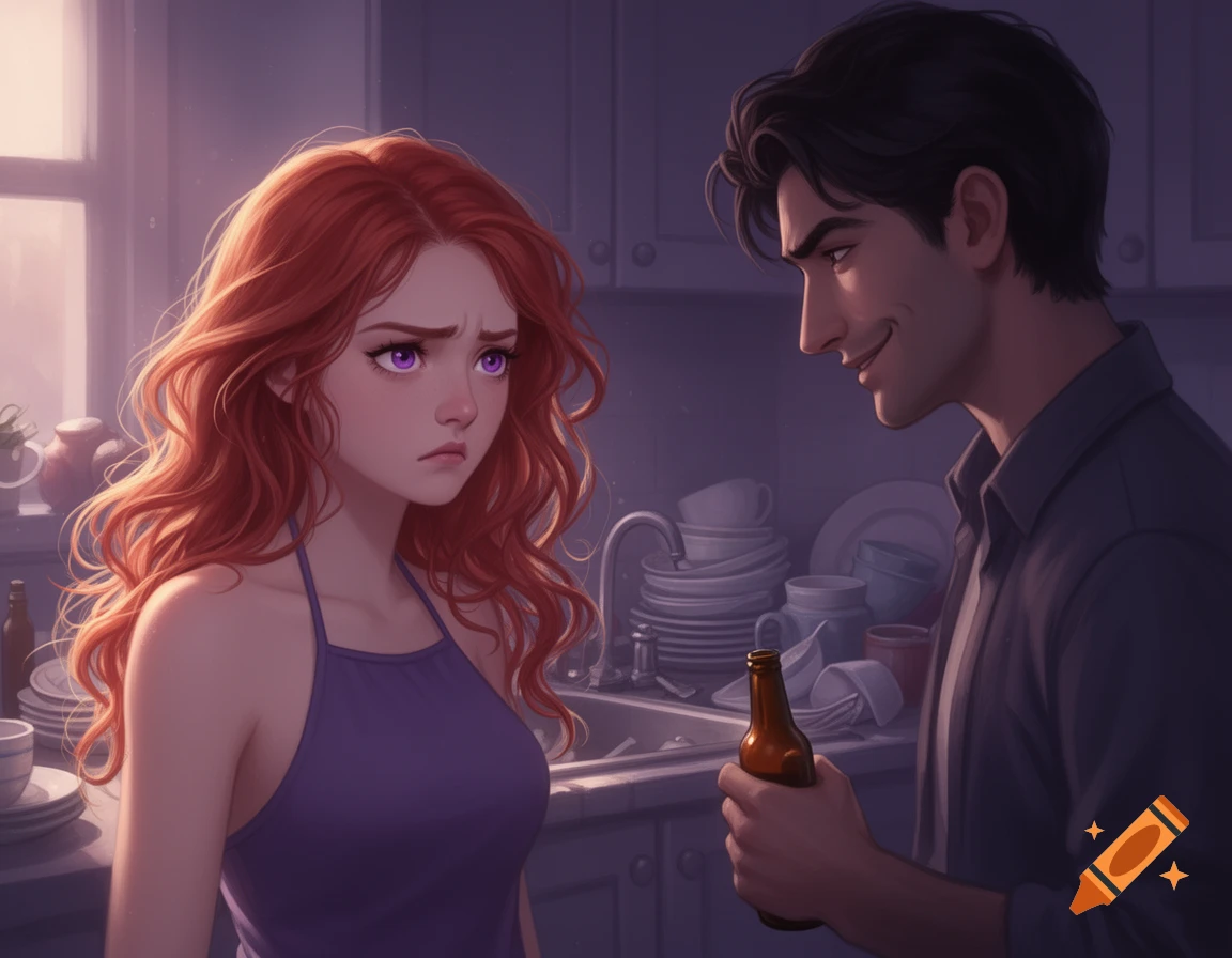Stylized digital art of a red-haired woman frowning at a smirking man holding a beer bottle in a kitchen with dirty dishes.