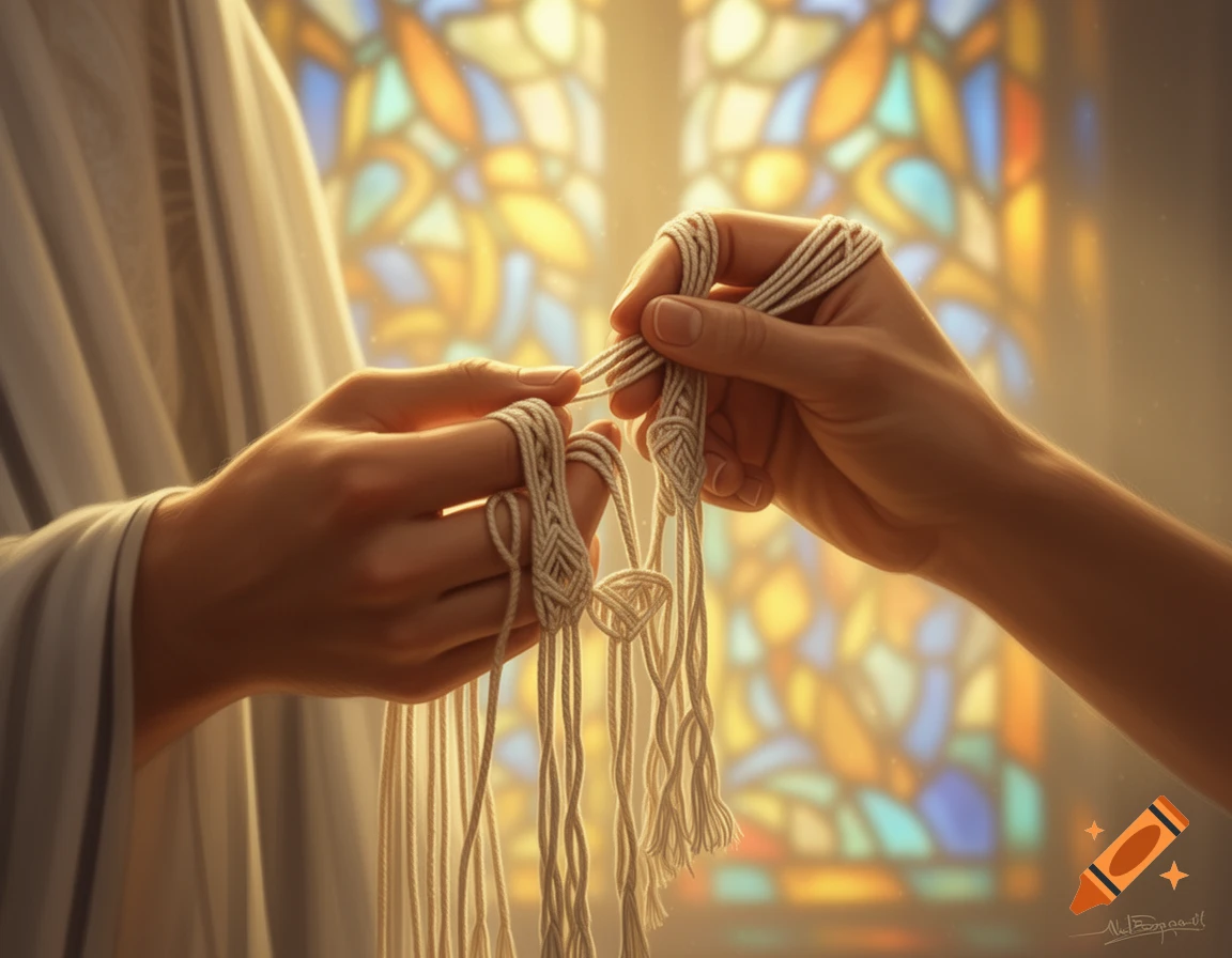 Two pairs of hands intricately tie white strings against a warm, blurred stained glass window, evoking a spiritual or ritualistic scene.